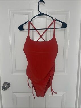 Xhilaration Rust-Orange Ribbed One-Piece Swimsuit with Crisscross Straps